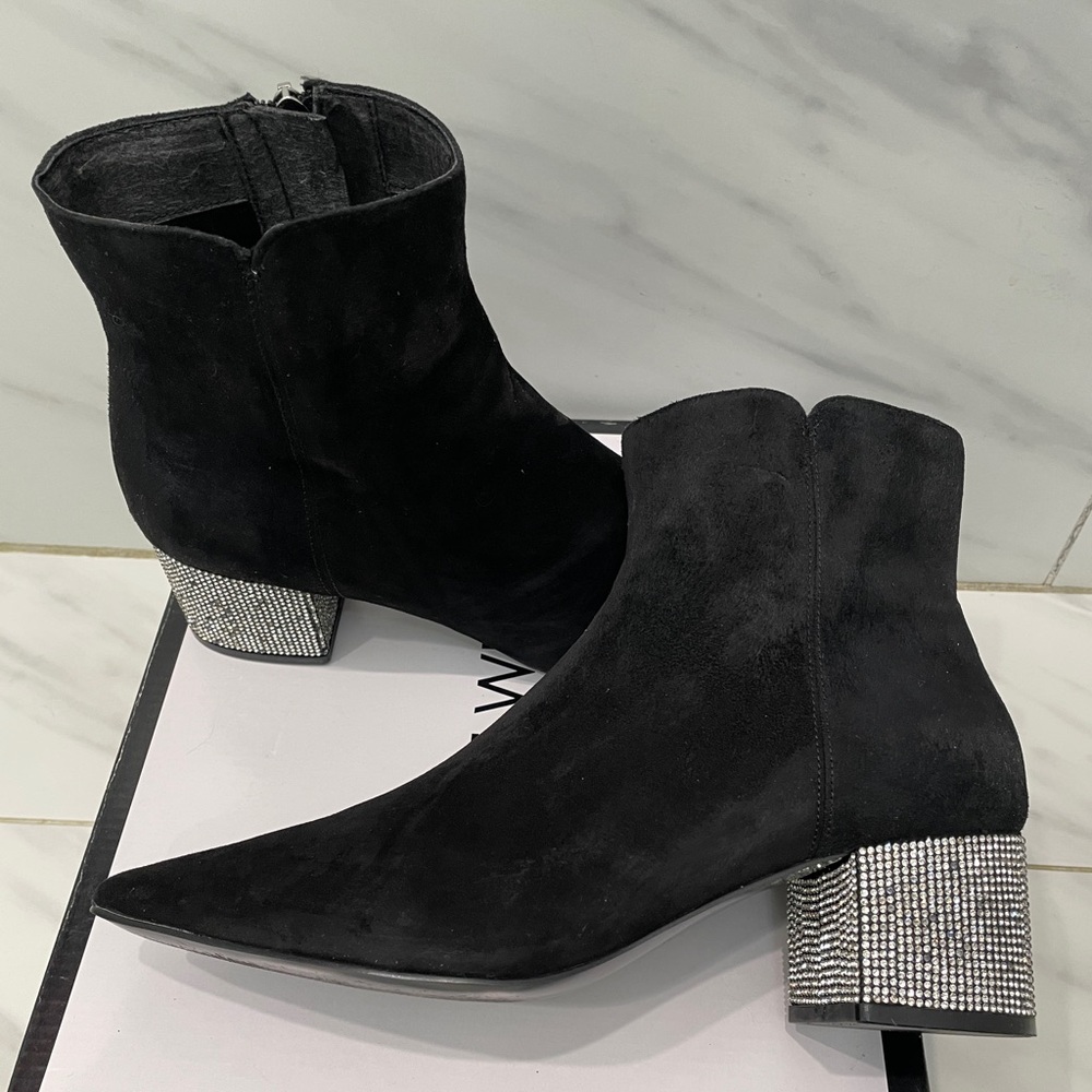Elegant Black Suede Ankle Boots with Silver Accents
